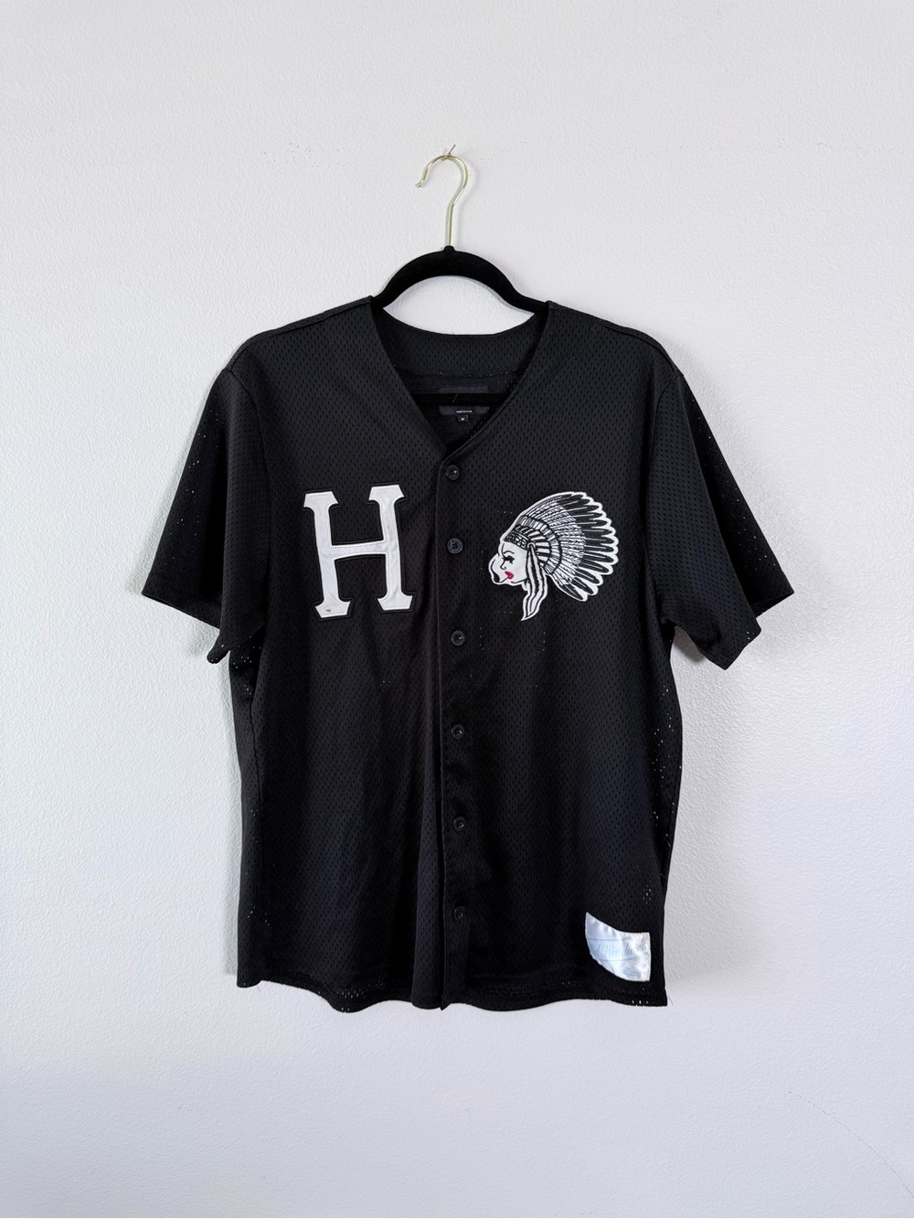 Black Button-Up Baseball Jersey with White 'H' and Chief Head Patch